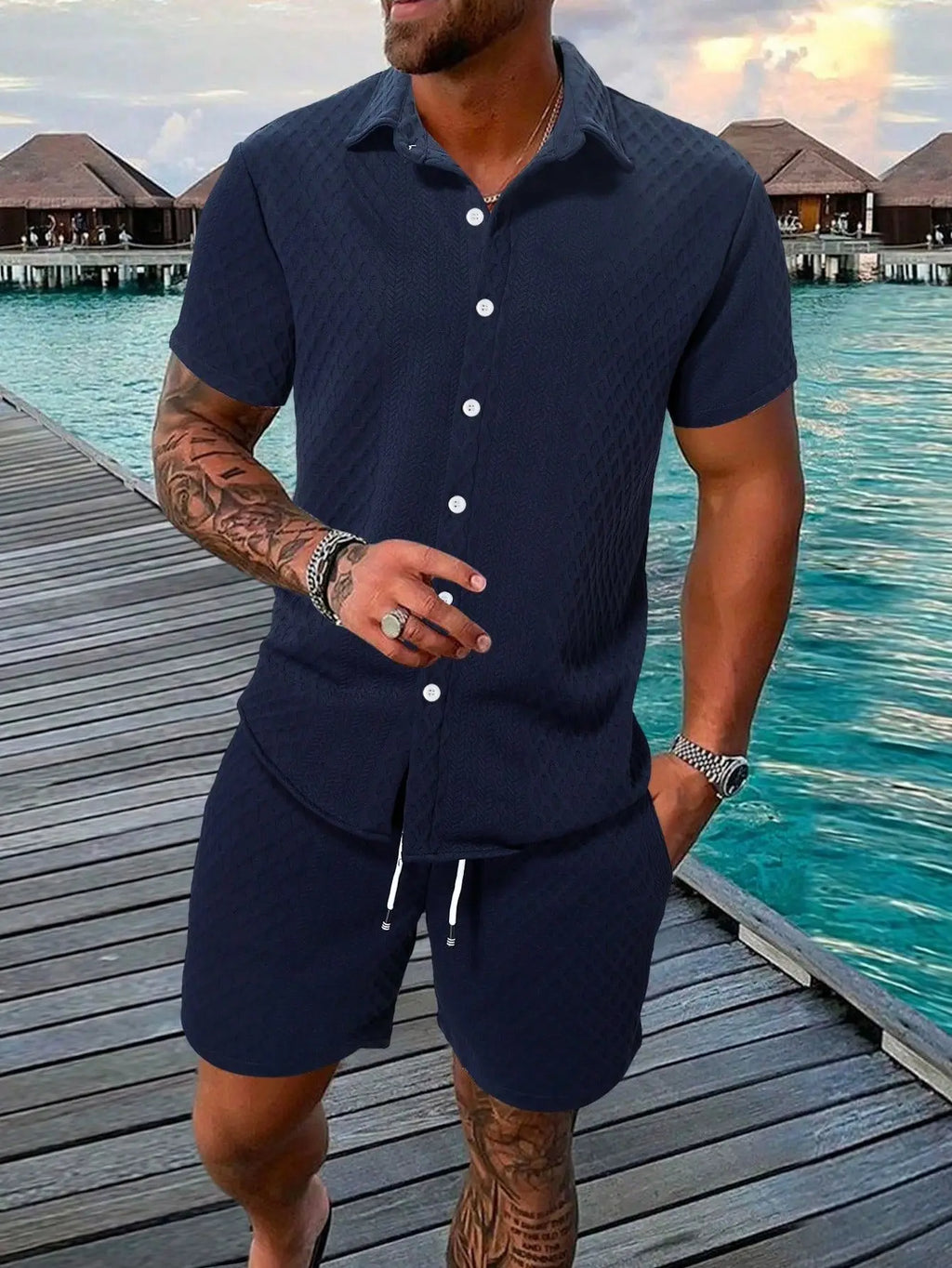 Ensemble chemise à manches courtes texturée et short pour homme Ensemble décontracté deux pièces Vêtements de rue légers pour l'été