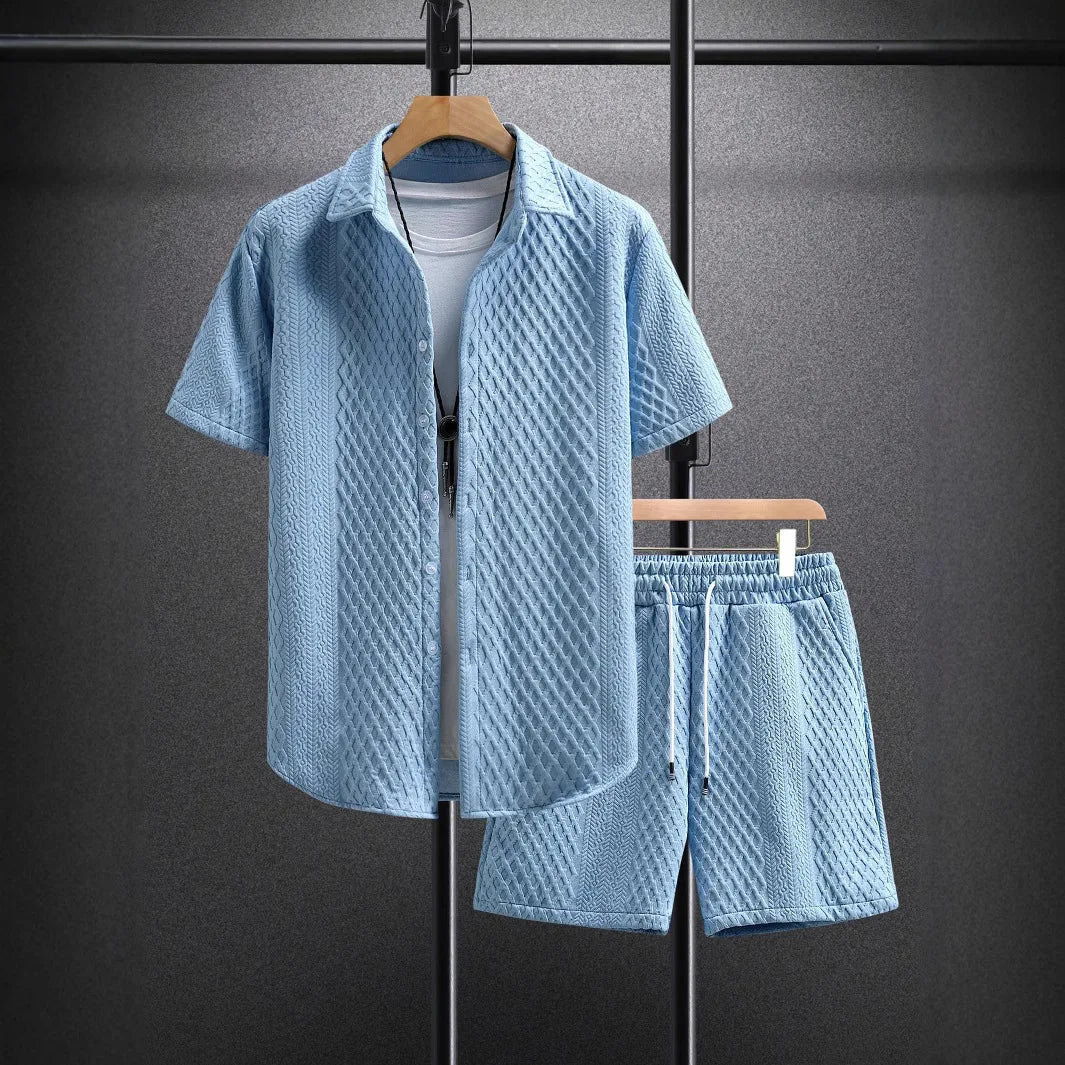 Ensemble chemise à manches courtes texturée et short pour homme Ensemble décontracté deux pièces Vêtements de rue légers pour l'été