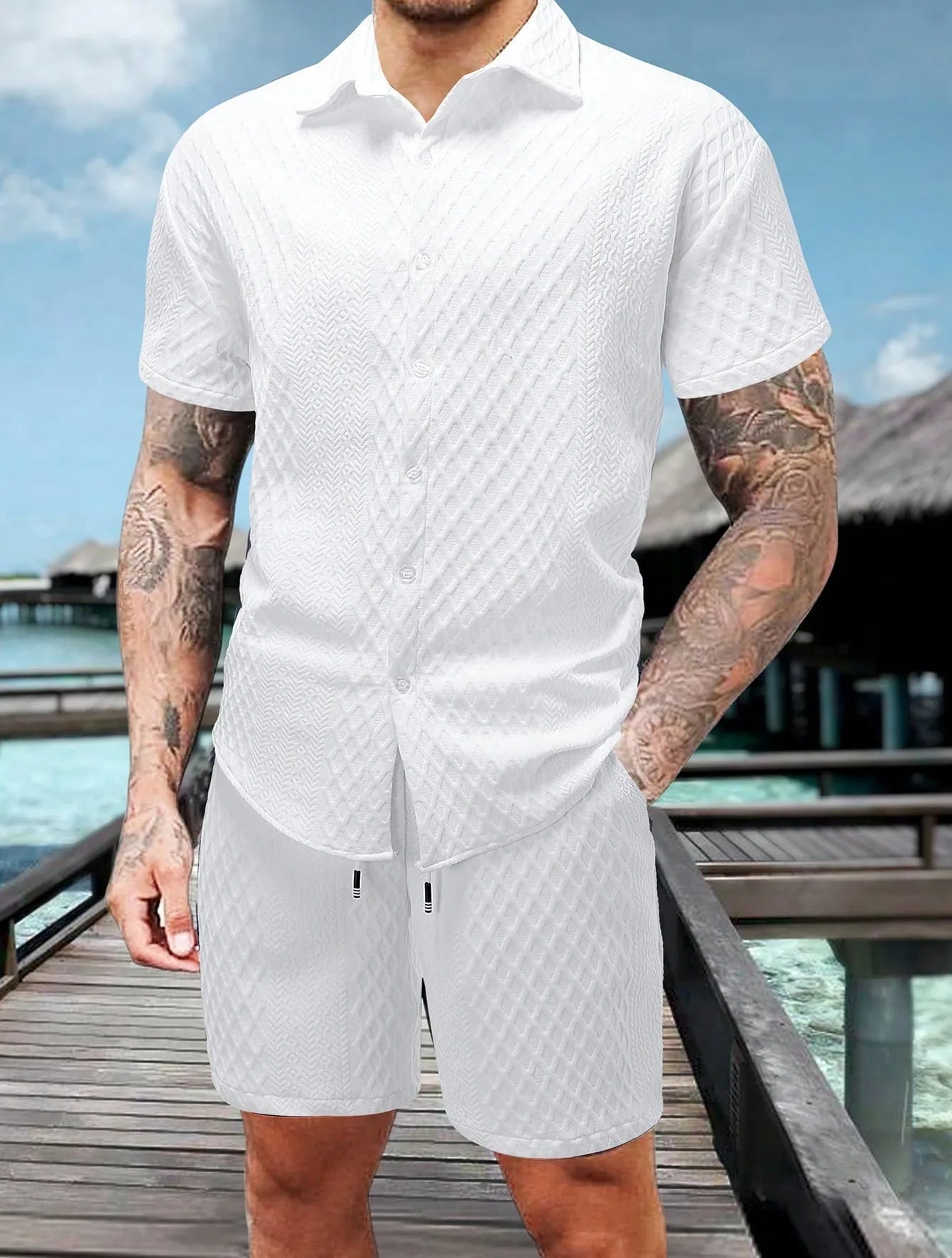 Ensemble chemise à manches courtes texturée et short pour homme Ensemble décontracté deux pièces Vêtements de rue légers pour l'été